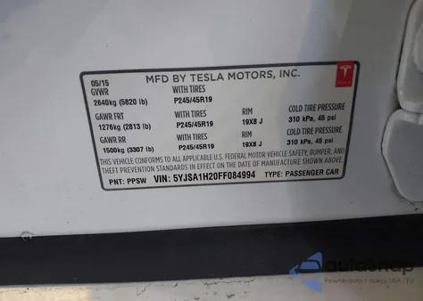 2015 Tesla Model S 70D/85D/P85D из США, поврежденный, VIN 5YJSA1H20FF084994